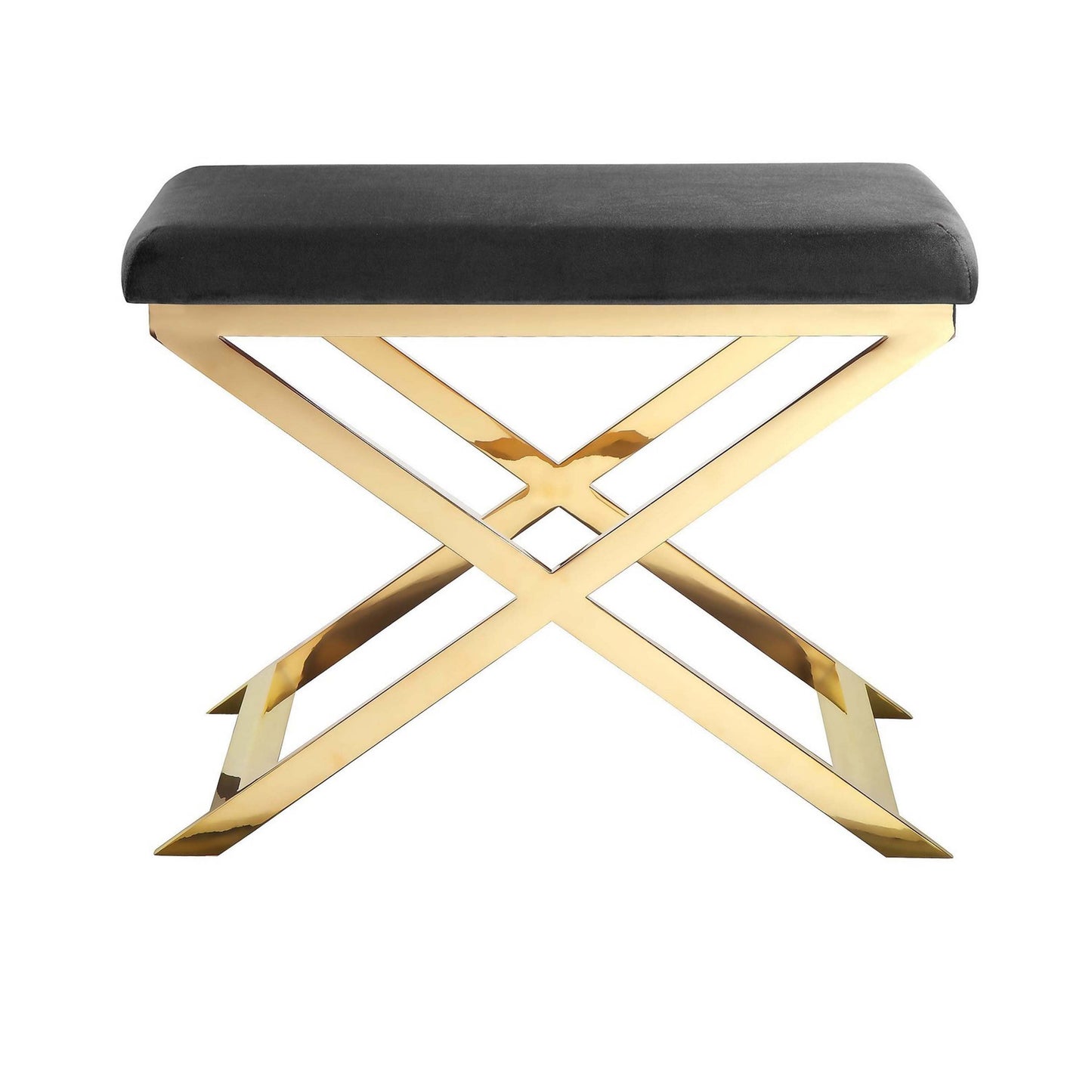 Sovi 24 Inch Accent Stool Ottoman Bench, Cushioned Gray Velvet, Gold X Base