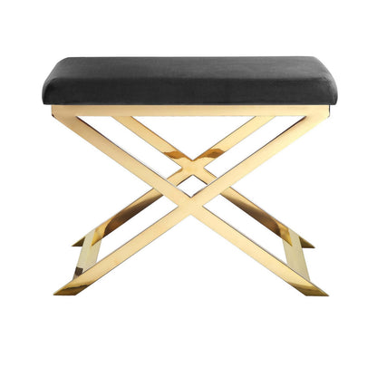 Sovi 24 Inch Accent Stool Ottoman Bench, Cushioned Gray Velvet, Gold X Base