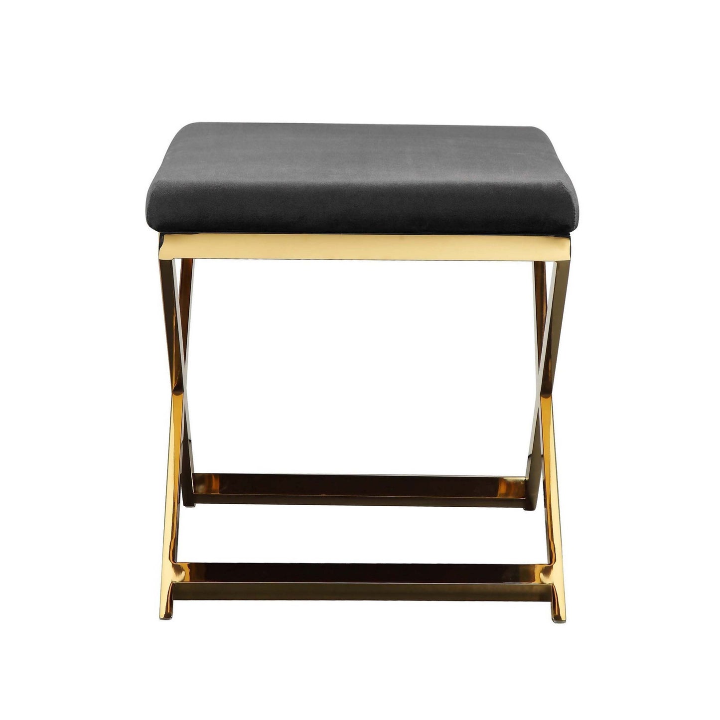 Sovi 24 Inch Accent Stool Ottoman Bench, Cushioned Gray Velvet, Gold X Base