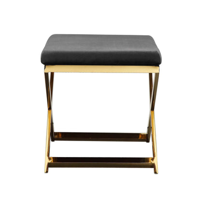 Sovi 24 Inch Accent Stool Ottoman Bench, Cushioned Gray Velvet, Gold X Base