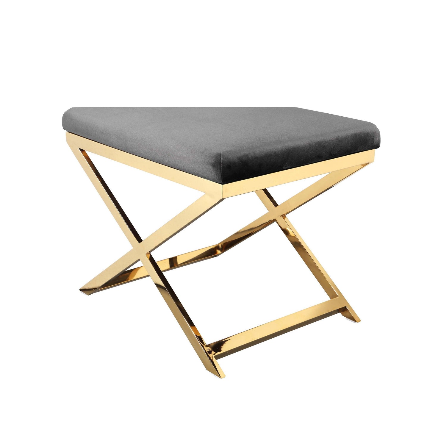 Sovi 24 Inch Accent Stool Ottoman Bench, Cushioned Gray Velvet, Gold X Base