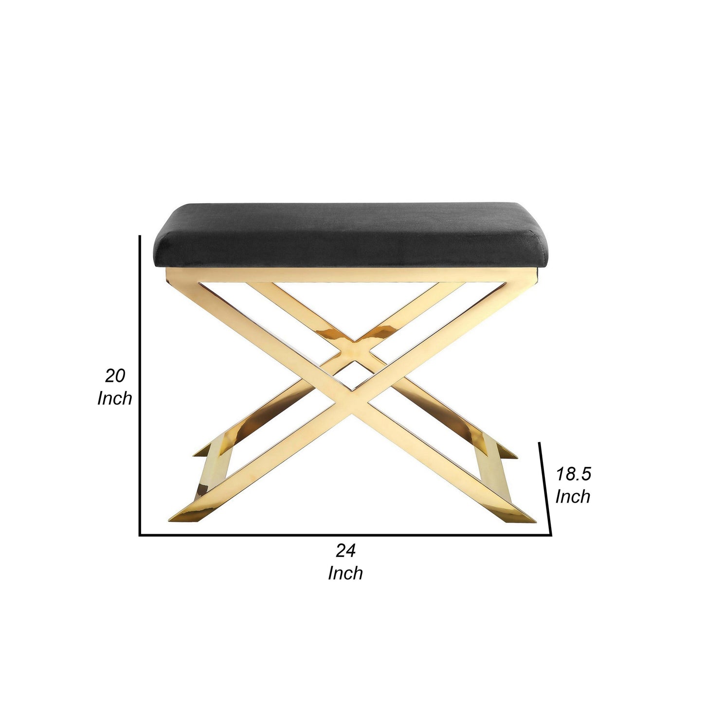 Sovi 24 Inch Accent Stool Ottoman Bench, Cushioned Gray Velvet, Gold X Base