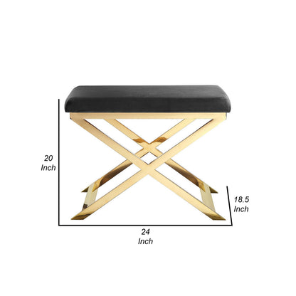 Sovi 24 Inch Accent Stool Ottoman Bench, Cushioned Gray Velvet, Gold X Base