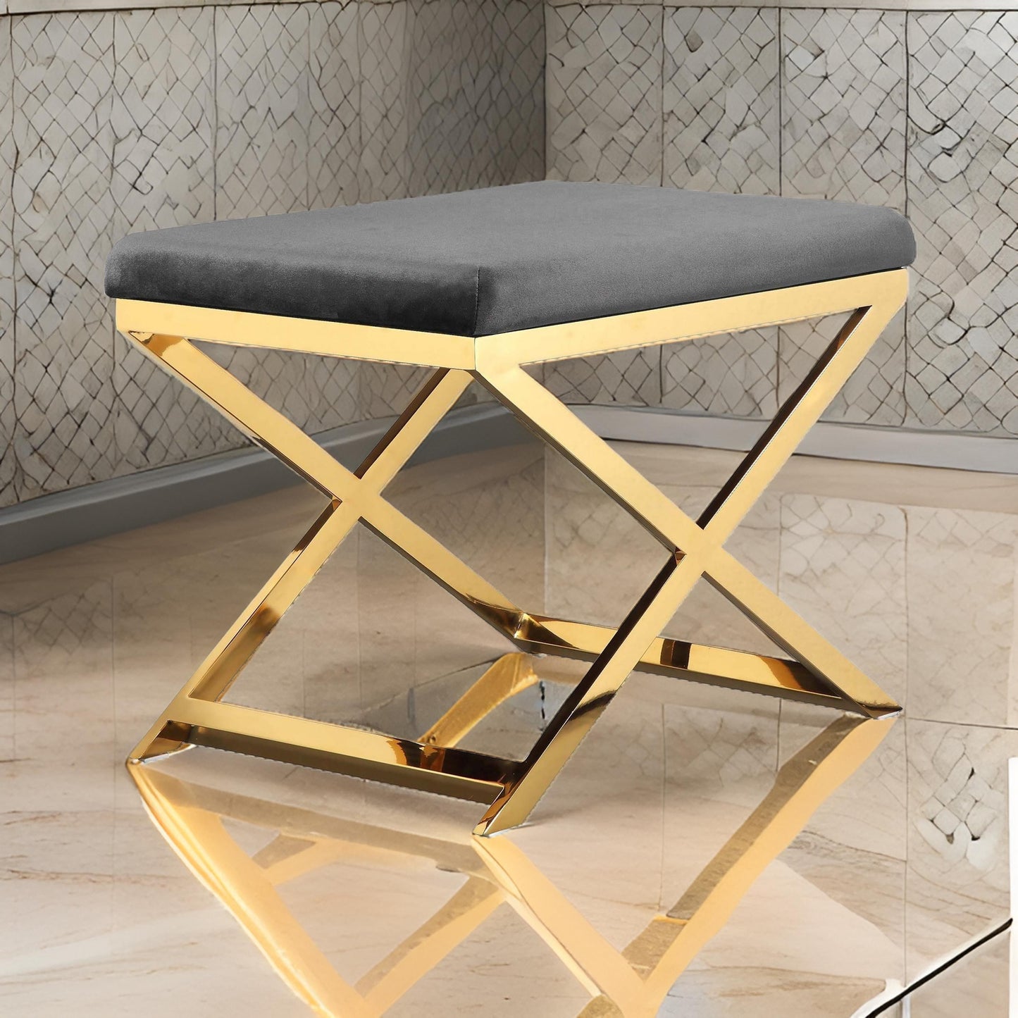 Sovi 24 Inch Accent Stool Ottoman Bench, Cushioned Gray Velvet, Gold X Base