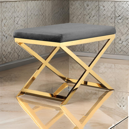 Sovi 24 Inch Accent Stool Ottoman Bench, Cushioned Gray Velvet, Gold X Base