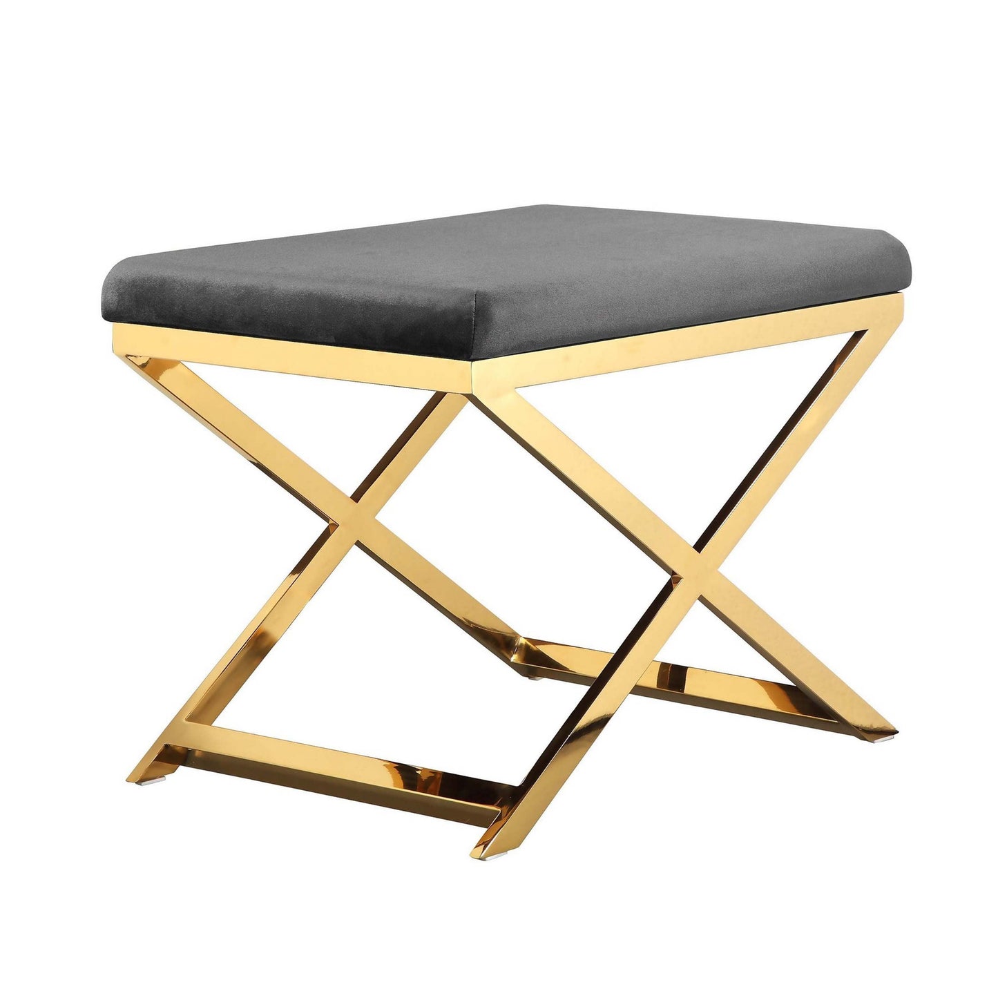Sovi 24 Inch Accent Stool Ottoman Bench, Cushioned Gray Velvet, Gold X Base