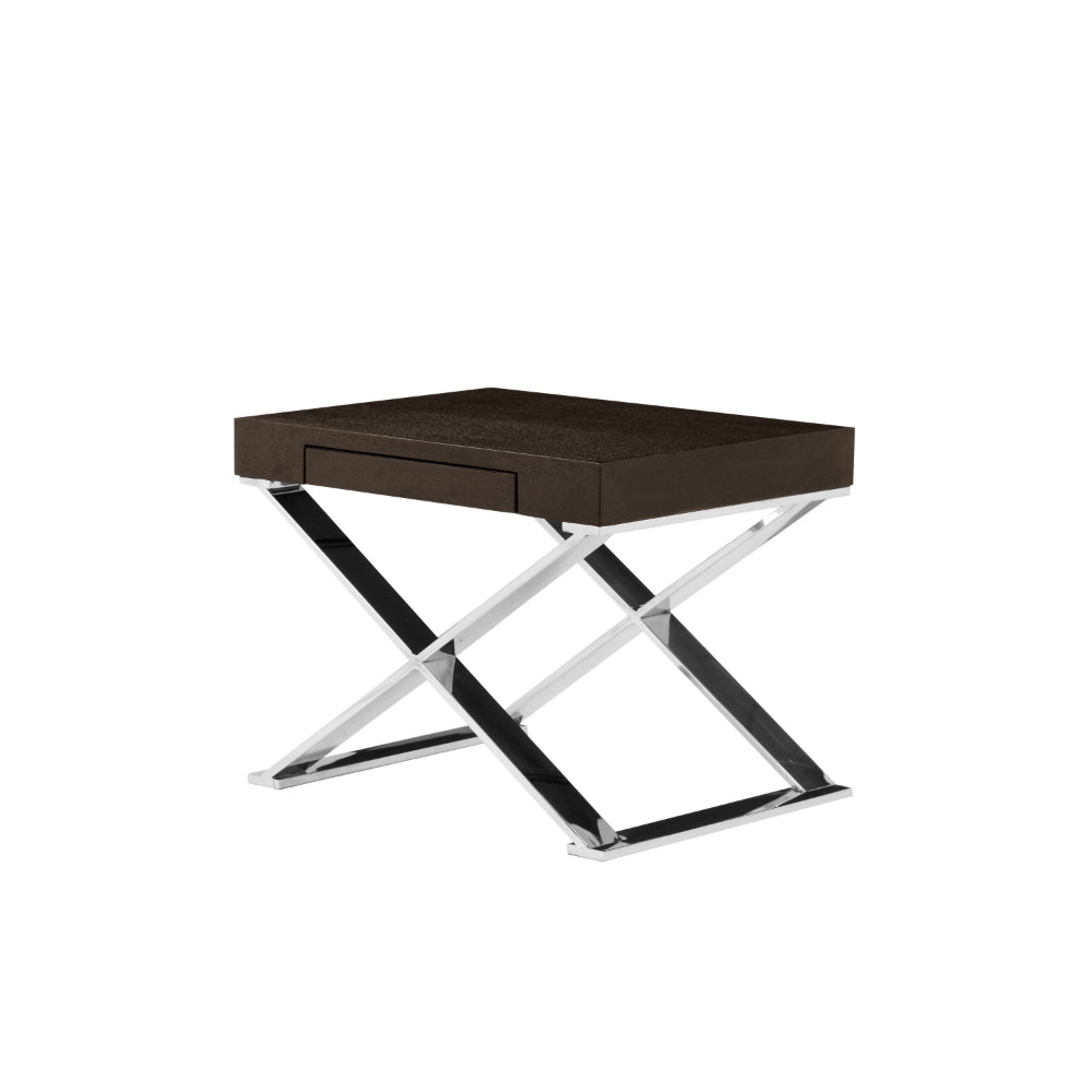 Rix 21 Inch Side End Table, 1 Drawer, X Steel Legs, Espresso Brown Wood
