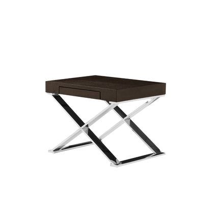 Rix 21 Inch Side End Table, 1 Drawer, X Steel Legs, Espresso Brown Wood