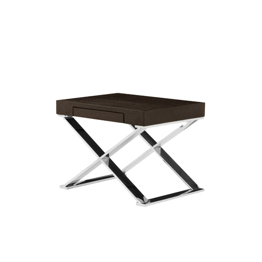 Rix 21 Inch Side End Table, 1 Drawer, X Steel Legs, Espresso Brown Wood