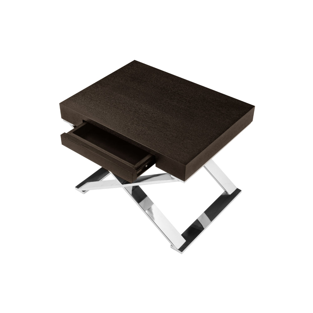 Rix 21 Inch Side End Table, 1 Drawer, X Steel Legs, Espresso Brown Wood