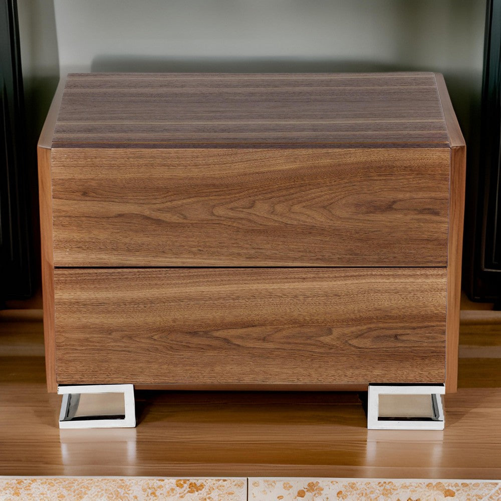 Sam 20 Inch Nightstand, 2 Drawers, Walnut Brown, High Polished Metal Legs