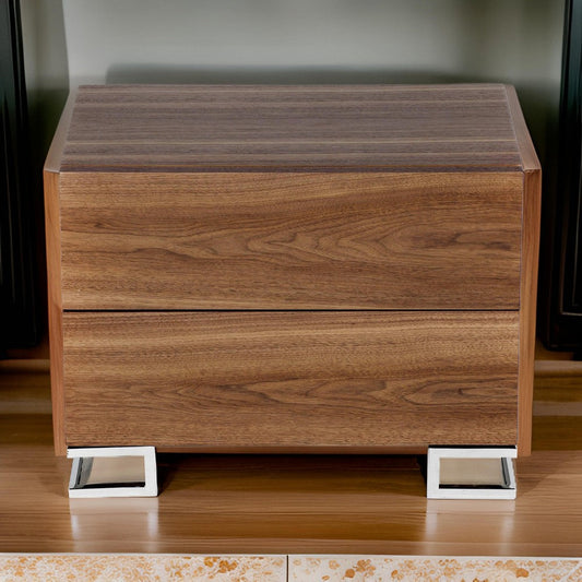 Sam 20 Inch Nightstand, 2 Drawers, Walnut Brown, High Polished Metal Legs