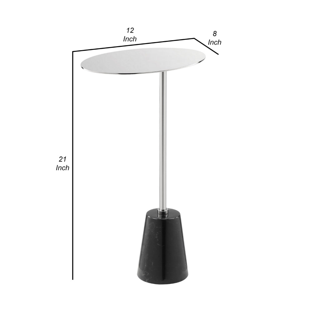 Frank 21 Inch Side End Table, Oval Chrome Steel Top, Genuine Marble Base