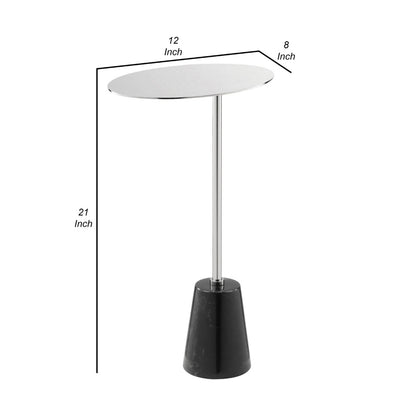 Frank 21 Inch Side End Table, Oval Chrome Steel Top, Genuine Marble Base