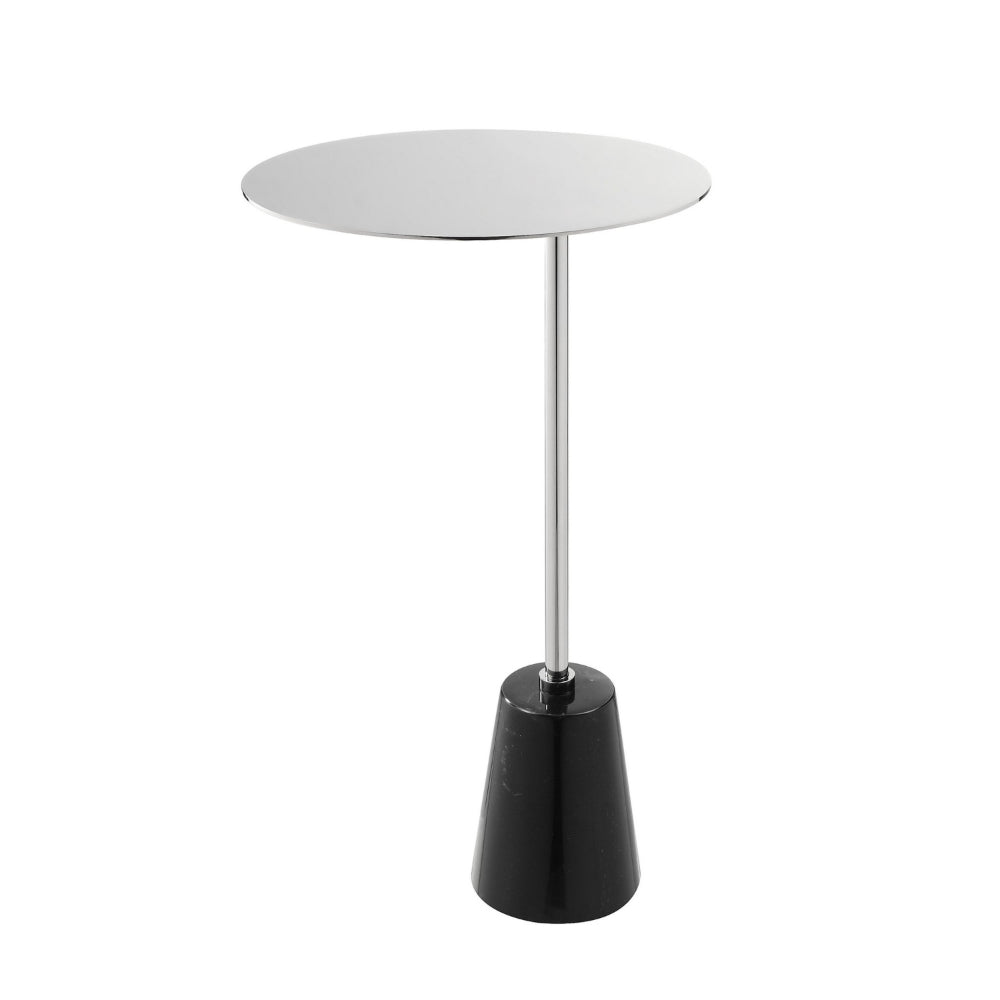 Frank 21 Inch Side End Table, Oval Chrome Steel Top, Genuine Marble Base