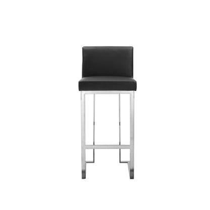 Boly 30 Inch Barstool Chair, Black Faux Leather, Cushions, Chrome Steel