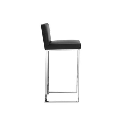 Boly 30 Inch Barstool Chair, Black Faux Leather, Cushions, Chrome Steel