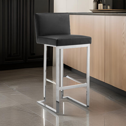 Boly 30 Inch Barstool Chair, Black Faux Leather, Cushions, Chrome Steel