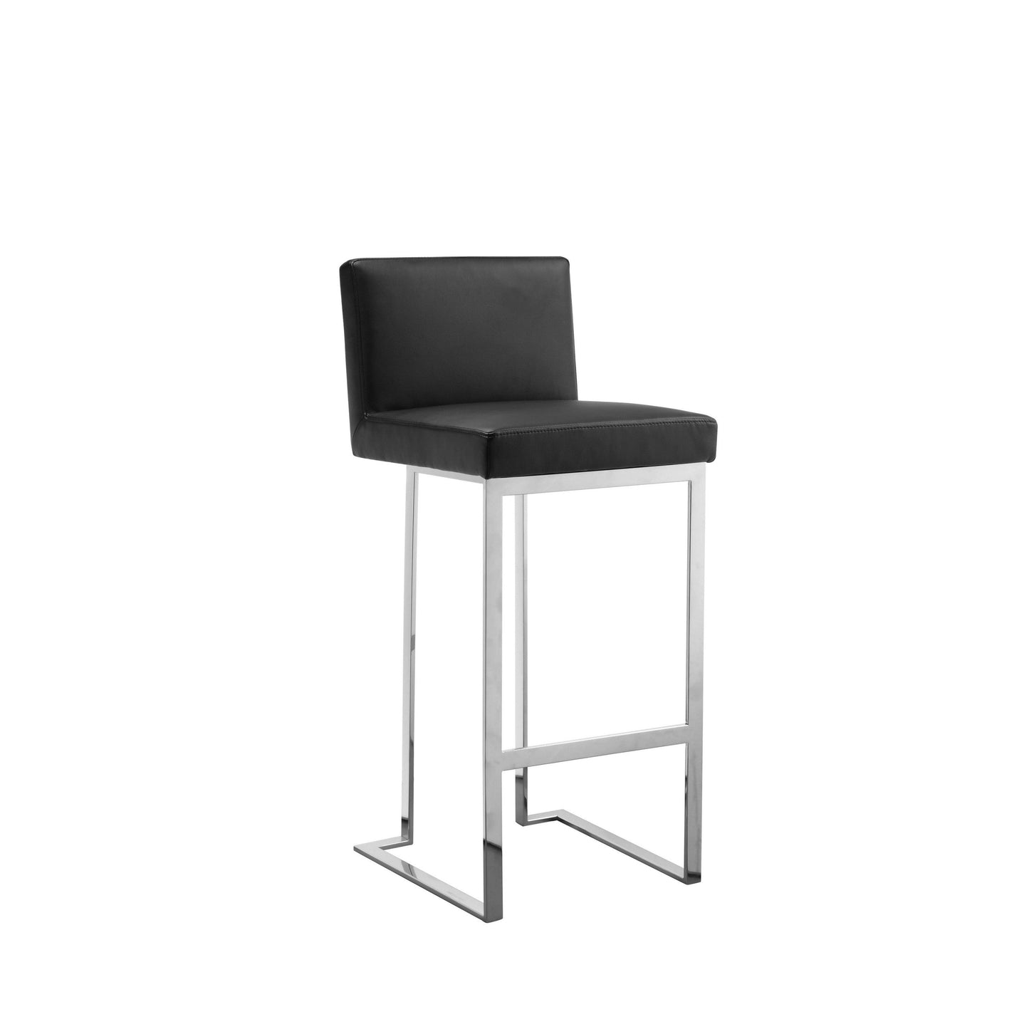 Boly 30 Inch Barstool Chair, Black Faux Leather, Cushions, Chrome Steel