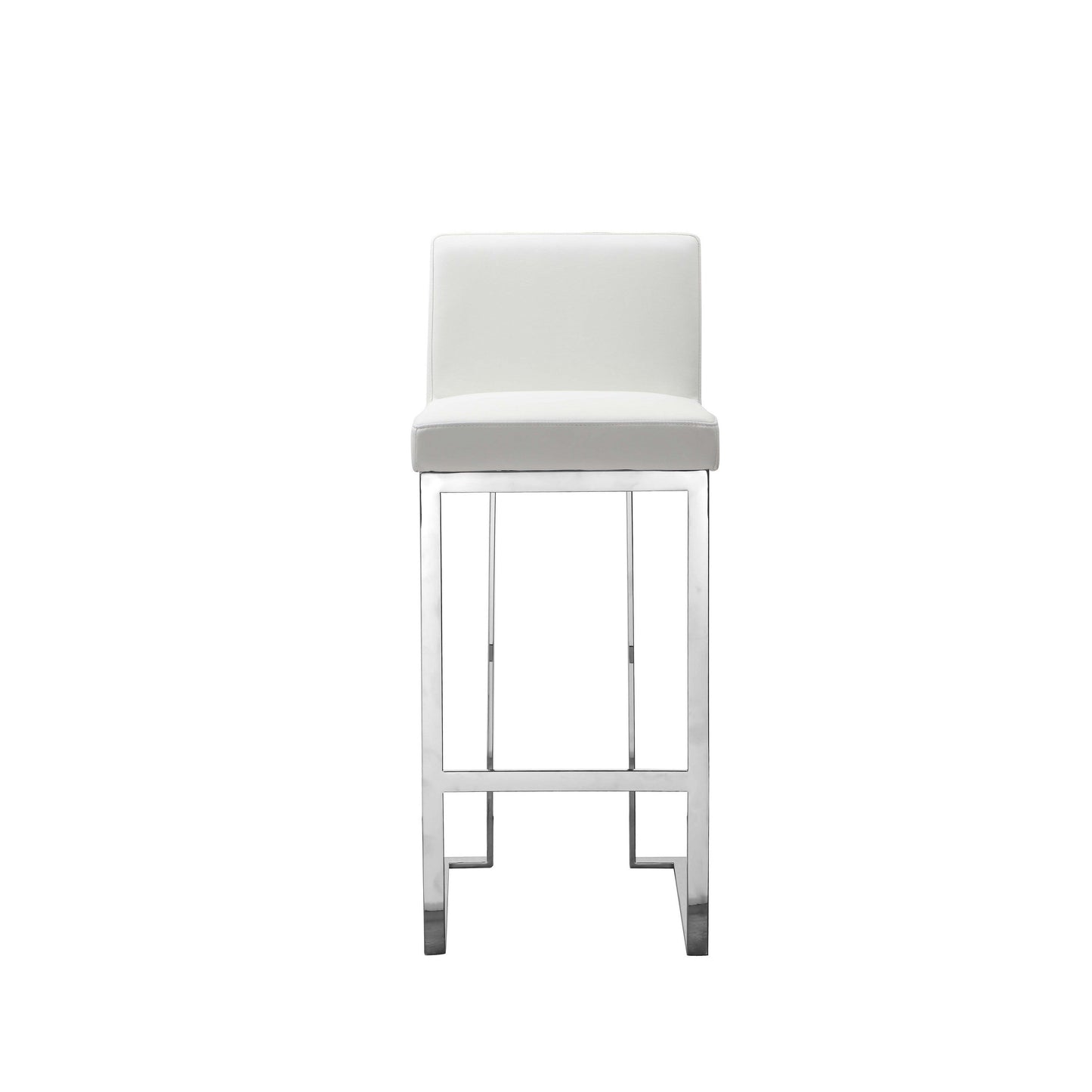 Boly 30 Inch Barstool Chair, White Faux Leather, Cushions, Chrome Steel