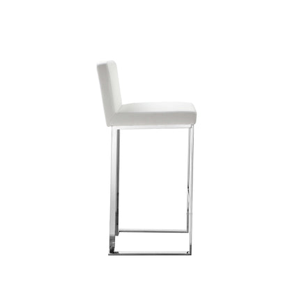 Boly 30 Inch Barstool Chair, White Faux Leather, Cushions, Chrome Steel