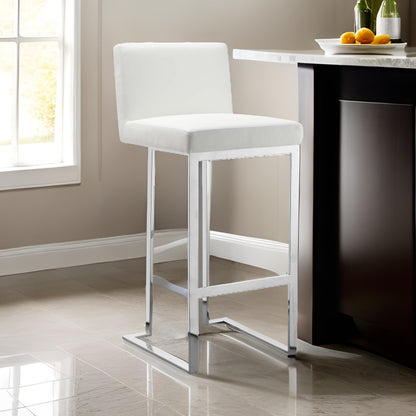 Boly 30 Inch Barstool Chair, White Faux Leather, Cushions, Chrome Steel