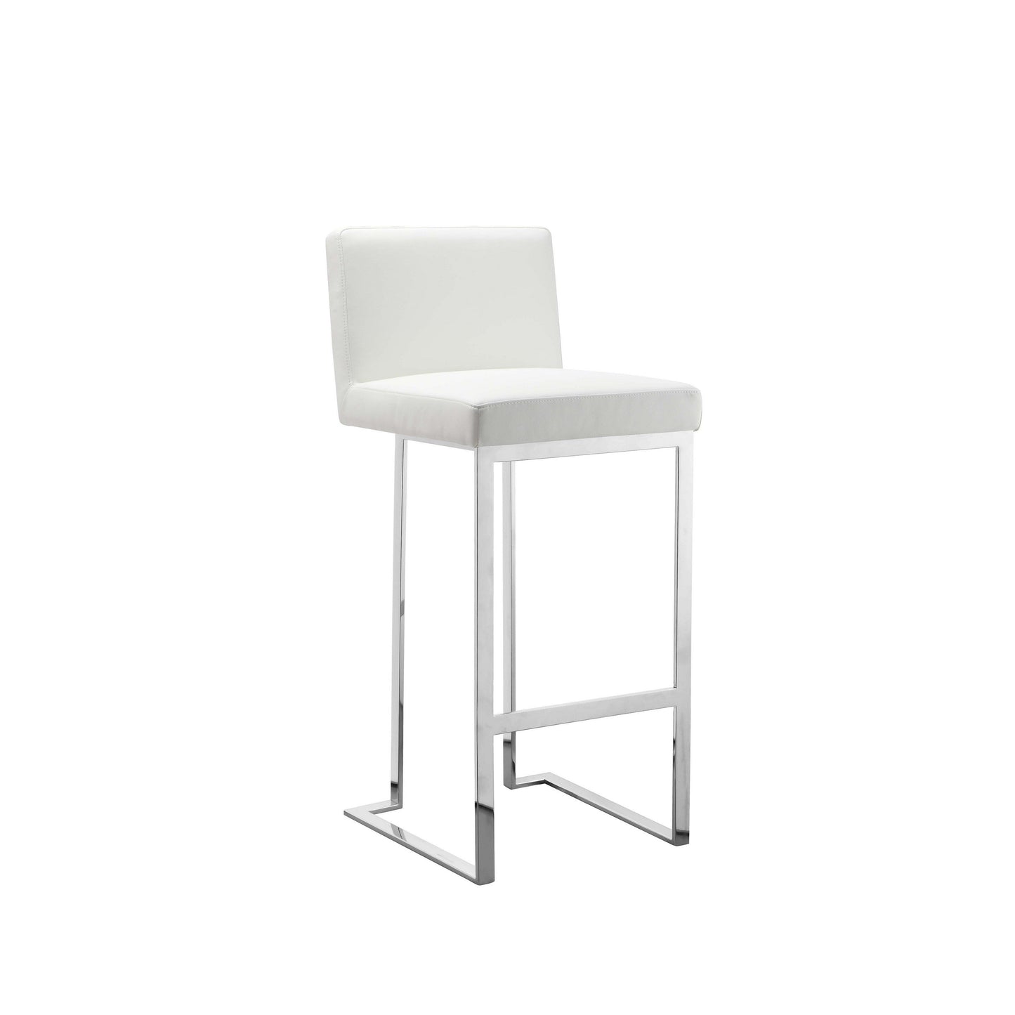 Boly 30 Inch Barstool Chair, White Faux Leather, Cushions, Chrome Steel
