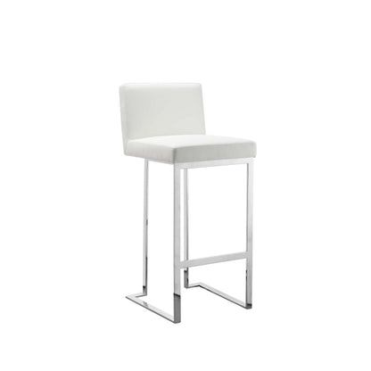 Boly 30 Inch Barstool Chair, White Faux Leather, Cushions, Chrome Steel