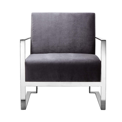 Boly 28 Inch Lounge Chair, Gray Velvet, Foam Cushions, Chrome Steel Base