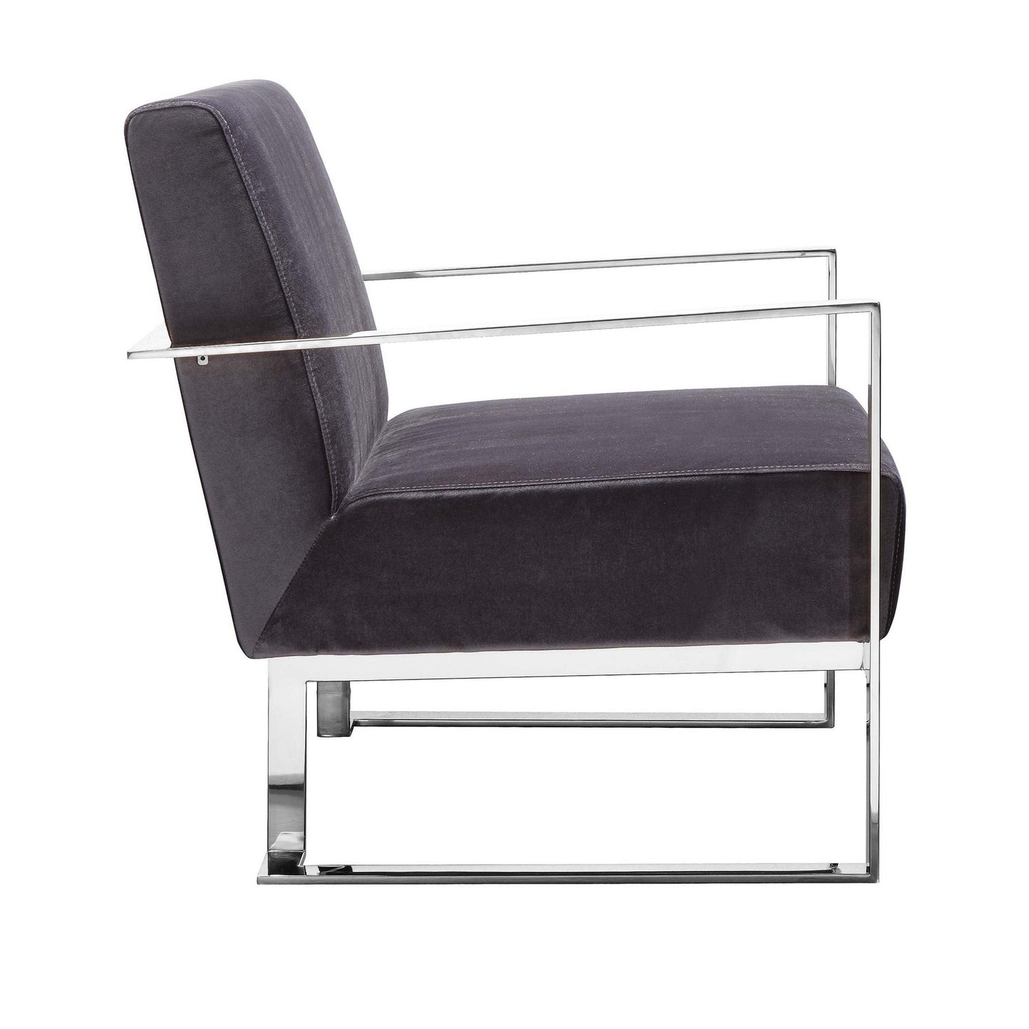 Boly 28 Inch Lounge Chair, Gray Velvet, Foam Cushions, Chrome Steel Base
