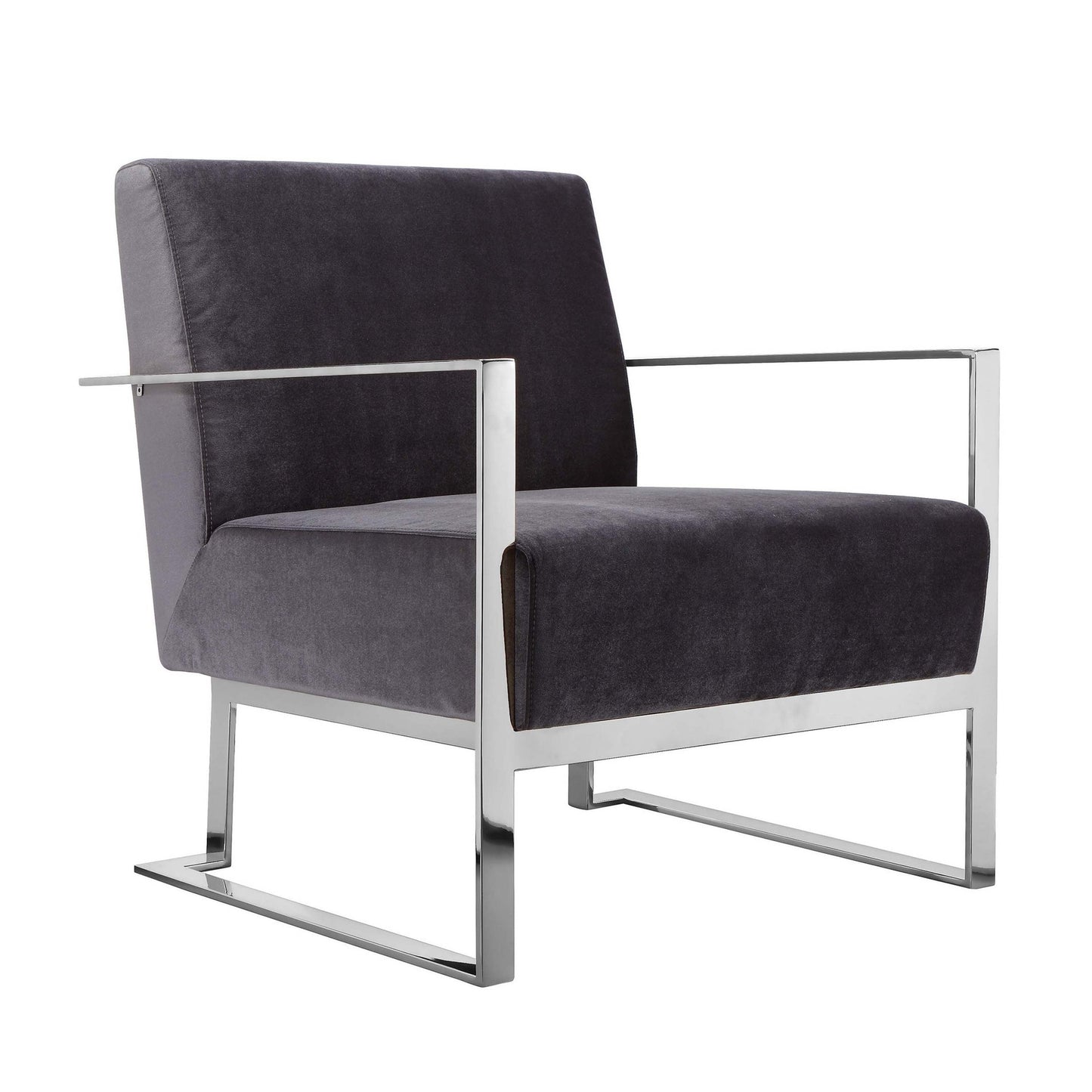 Boly 28 Inch Lounge Chair, Gray Velvet, Foam Cushions, Chrome Steel Base