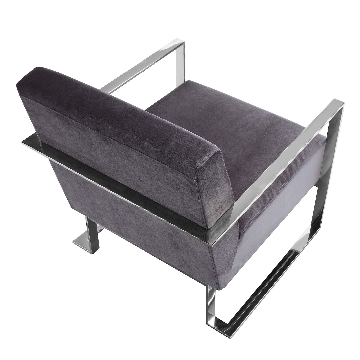 Boly 28 Inch Lounge Chair, Gray Velvet, Foam Cushions, Chrome Steel Base