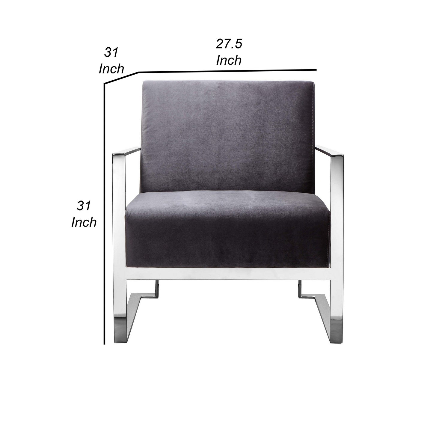 Boly 28 Inch Lounge Chair, Gray Velvet, Foam Cushions, Chrome Steel Base