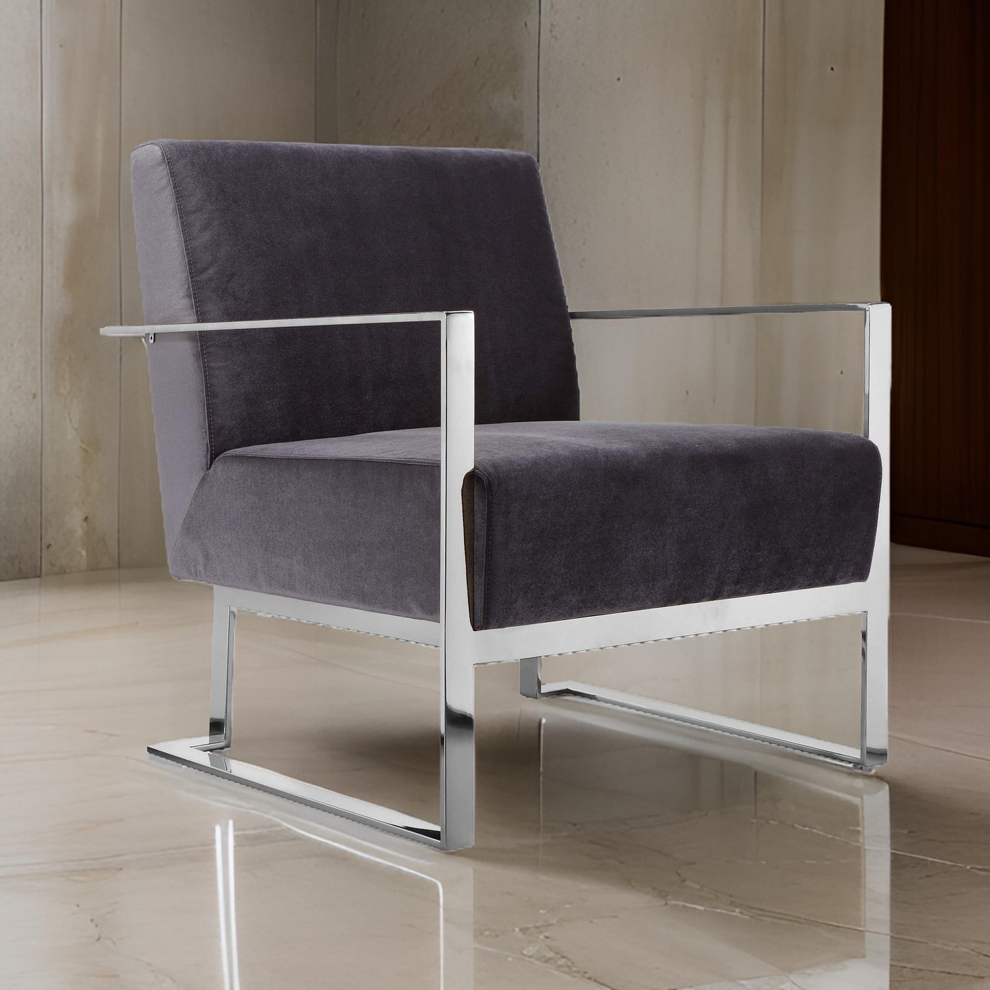 Boly 28 Inch Lounge Chair, Gray Velvet, Foam Cushions, Chrome Steel Base