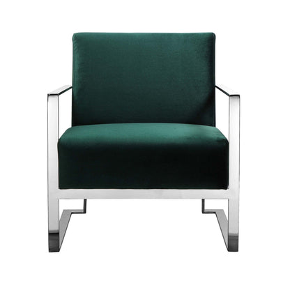 Boly 28 Inch Lounge Chair, Green Velvet, Foam Cushions, Chrome Steel Base