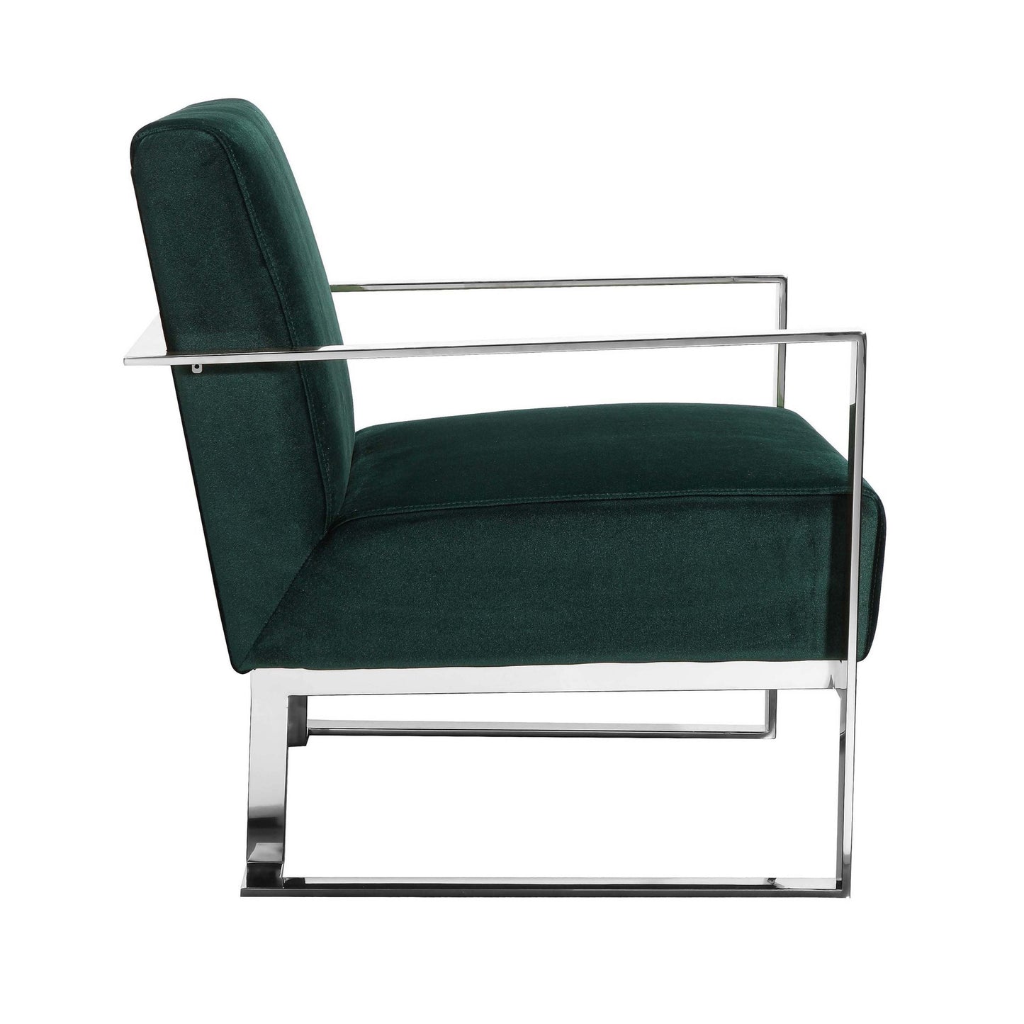 Boly 28 Inch Lounge Chair, Green Velvet, Foam Cushions, Chrome Steel Base