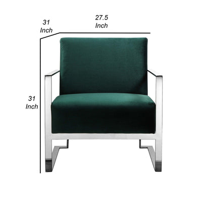 Boly 28 Inch Lounge Chair, Green Velvet, Foam Cushions, Chrome Steel Base