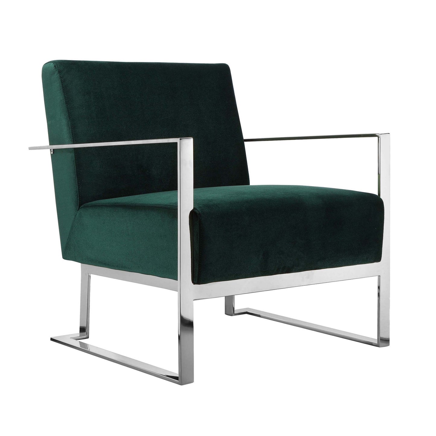 Boly 28 Inch Lounge Chair, Green Velvet, Foam Cushions, Chrome Steel Base
