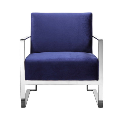 Boly 28 Inch Lounge Chair, Navy Velvet, Foam Cushions, Chrome Steel Base