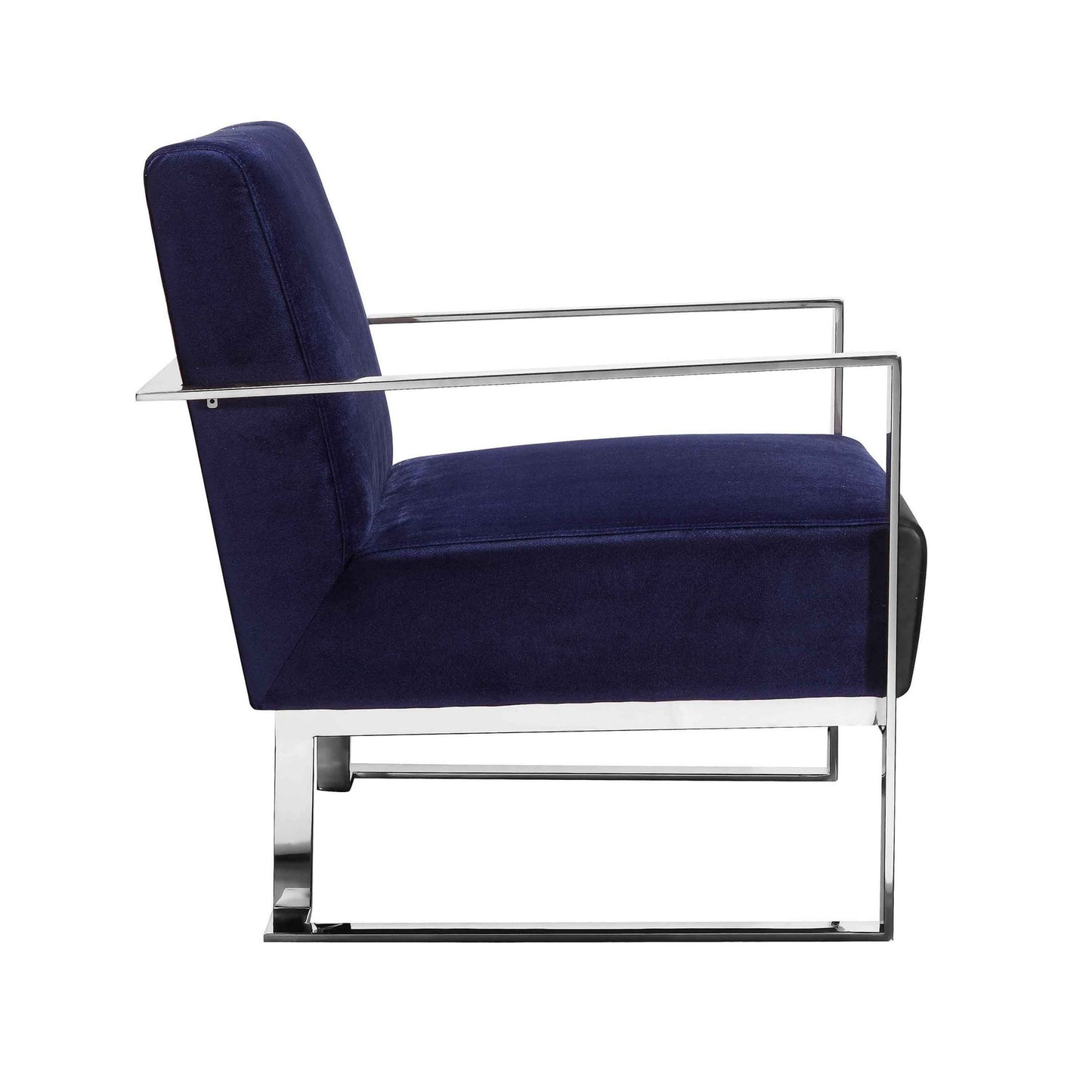 Boly 28 Inch Lounge Chair, Navy Velvet, Foam Cushions, Chrome Steel Base
