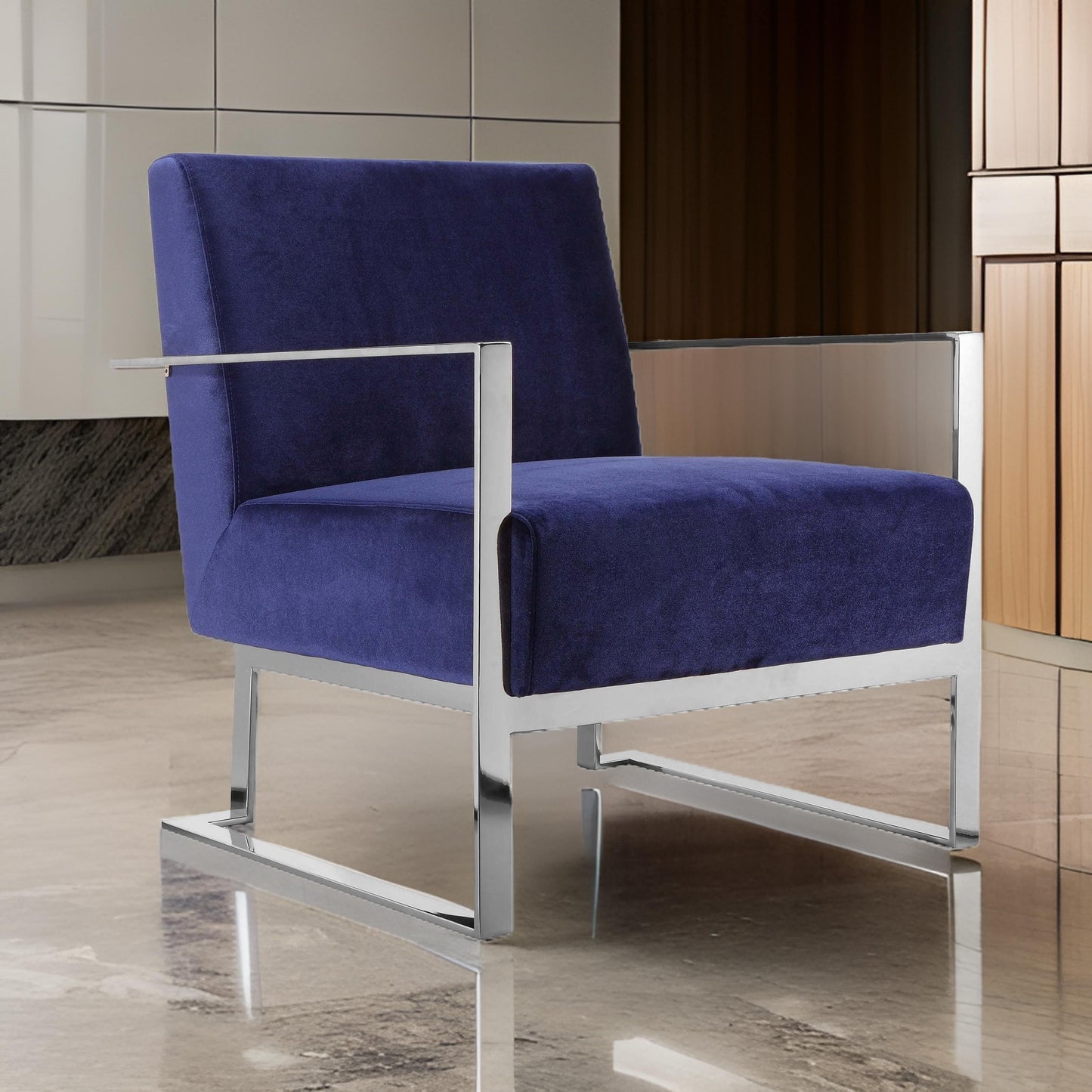 Boly 28 Inch Lounge Chair, Navy Velvet, Foam Cushions, Chrome Steel Base