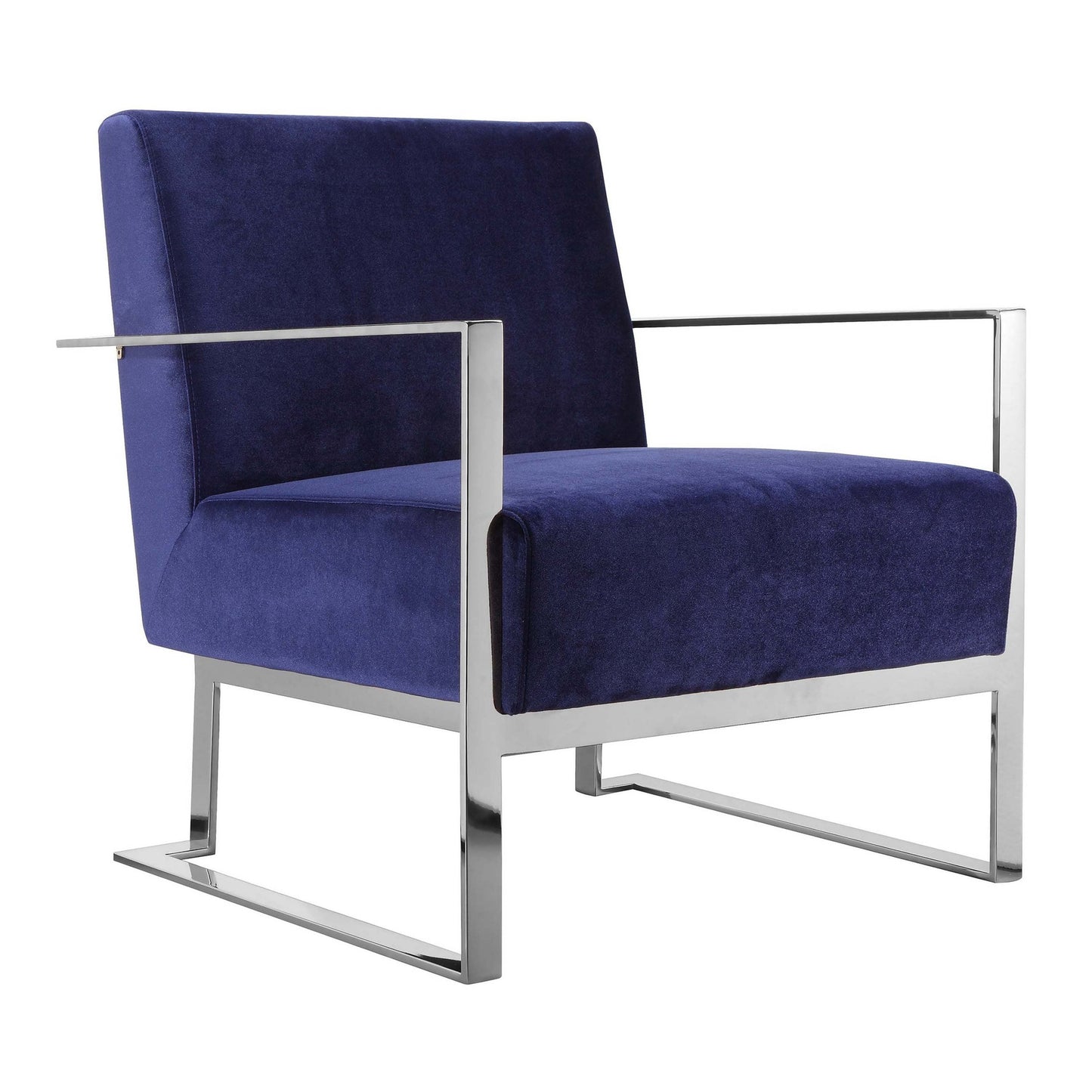 Boly 28 Inch Lounge Chair, Navy Velvet, Foam Cushions, Chrome Steel Base