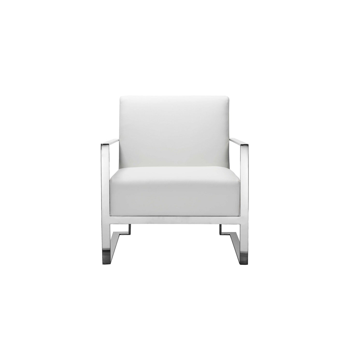 Boly 28 Inch Lounge Chair, White Faux Leather, Cushions, Chrome Steel Base