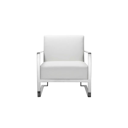 Boly 28 Inch Lounge Chair, White Faux Leather, Cushions, Chrome Steel Base