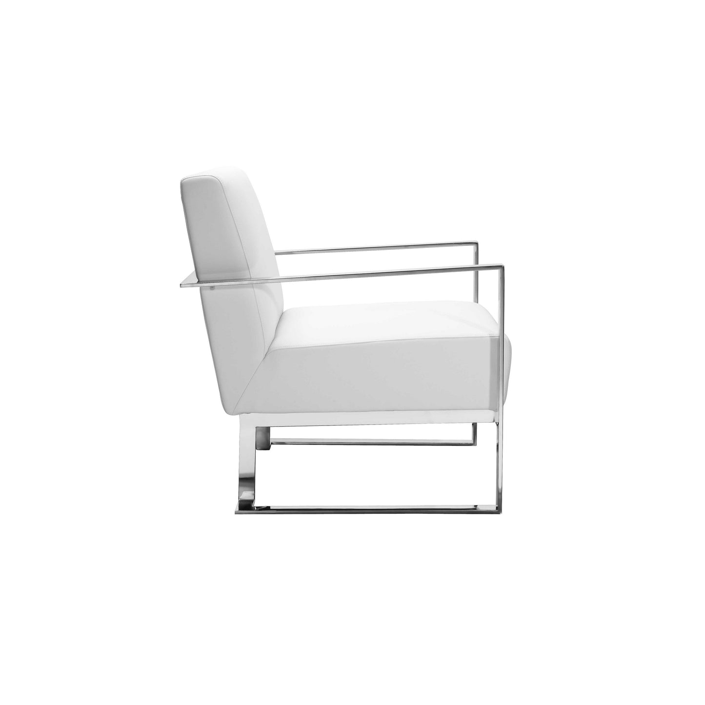 Boly 28 Inch Lounge Chair, White Faux Leather, Cushions, Chrome Steel Base