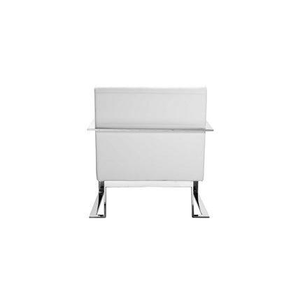 Boly 28 Inch Lounge Chair, White Faux Leather, Cushions, Chrome Steel Base