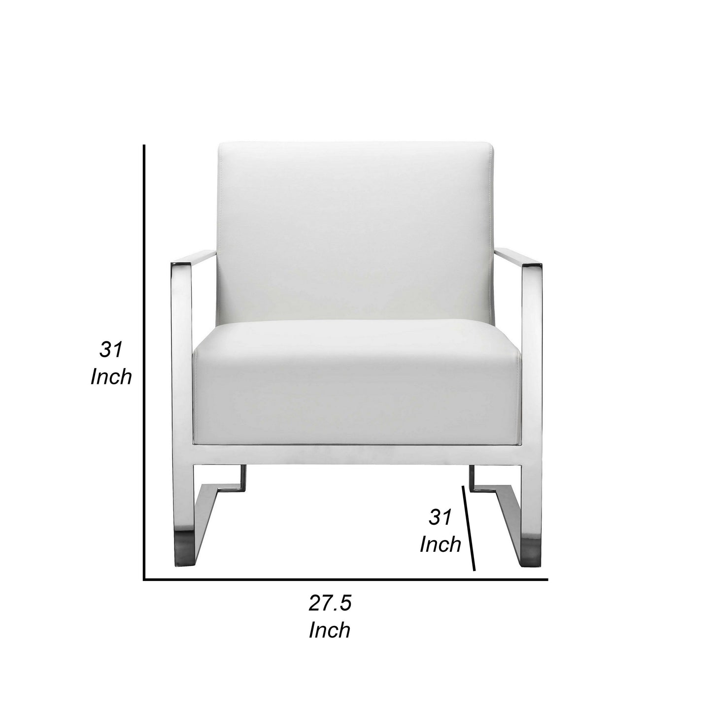 Boly 28 Inch Lounge Chair, White Faux Leather, Cushions, Chrome Steel Base