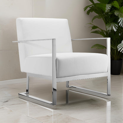 Boly 28 Inch Lounge Chair, White Faux Leather, Cushions, Chrome Steel Base