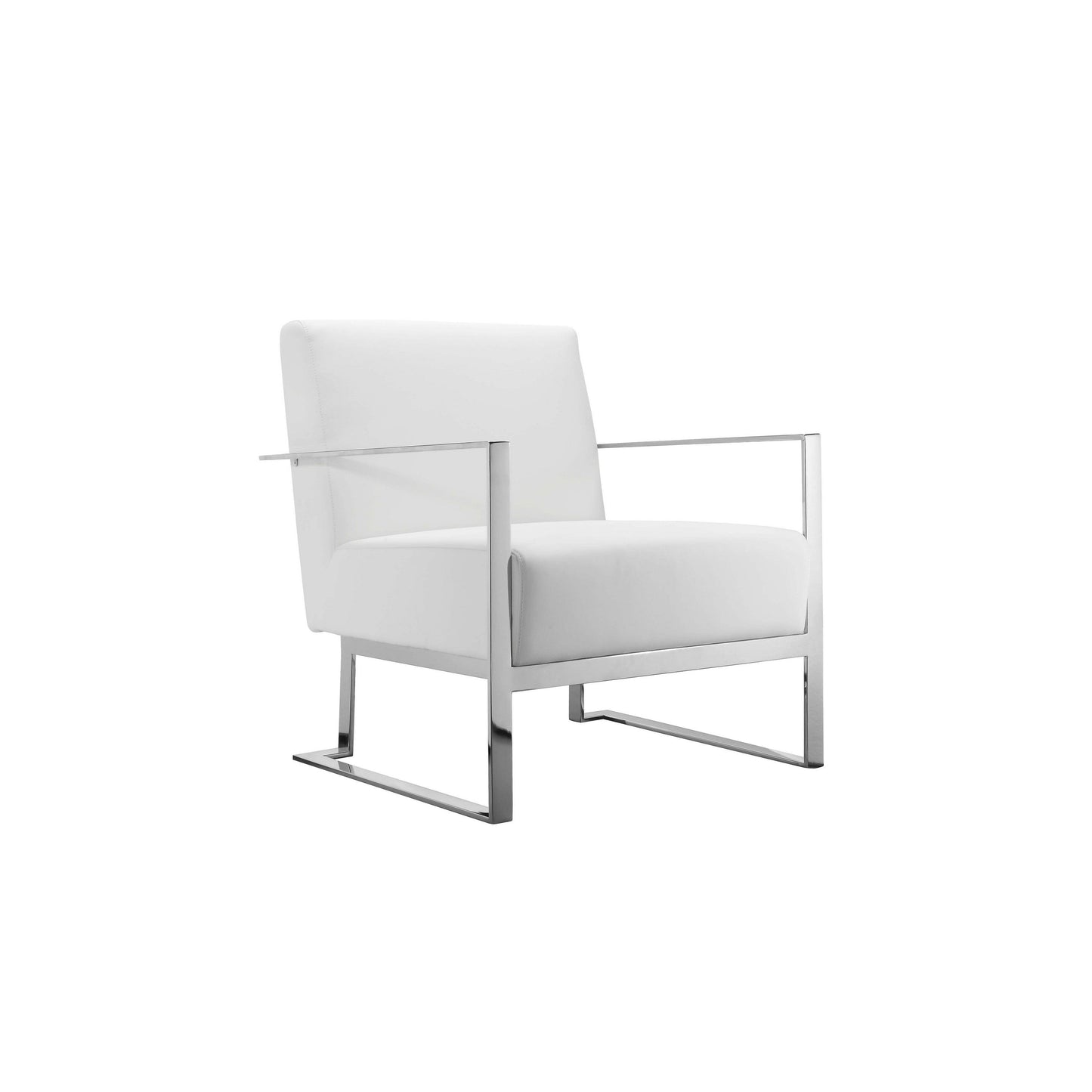 Boly 28 Inch Lounge Chair, White Faux Leather, Cushions, Chrome Steel Base