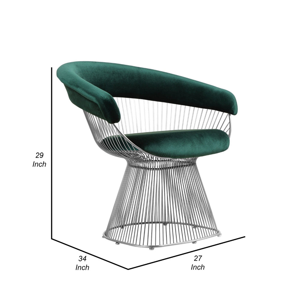 Mimi 27 Inch Accent Armchair, Green Velvet, Foam Cushions, Steel Wire